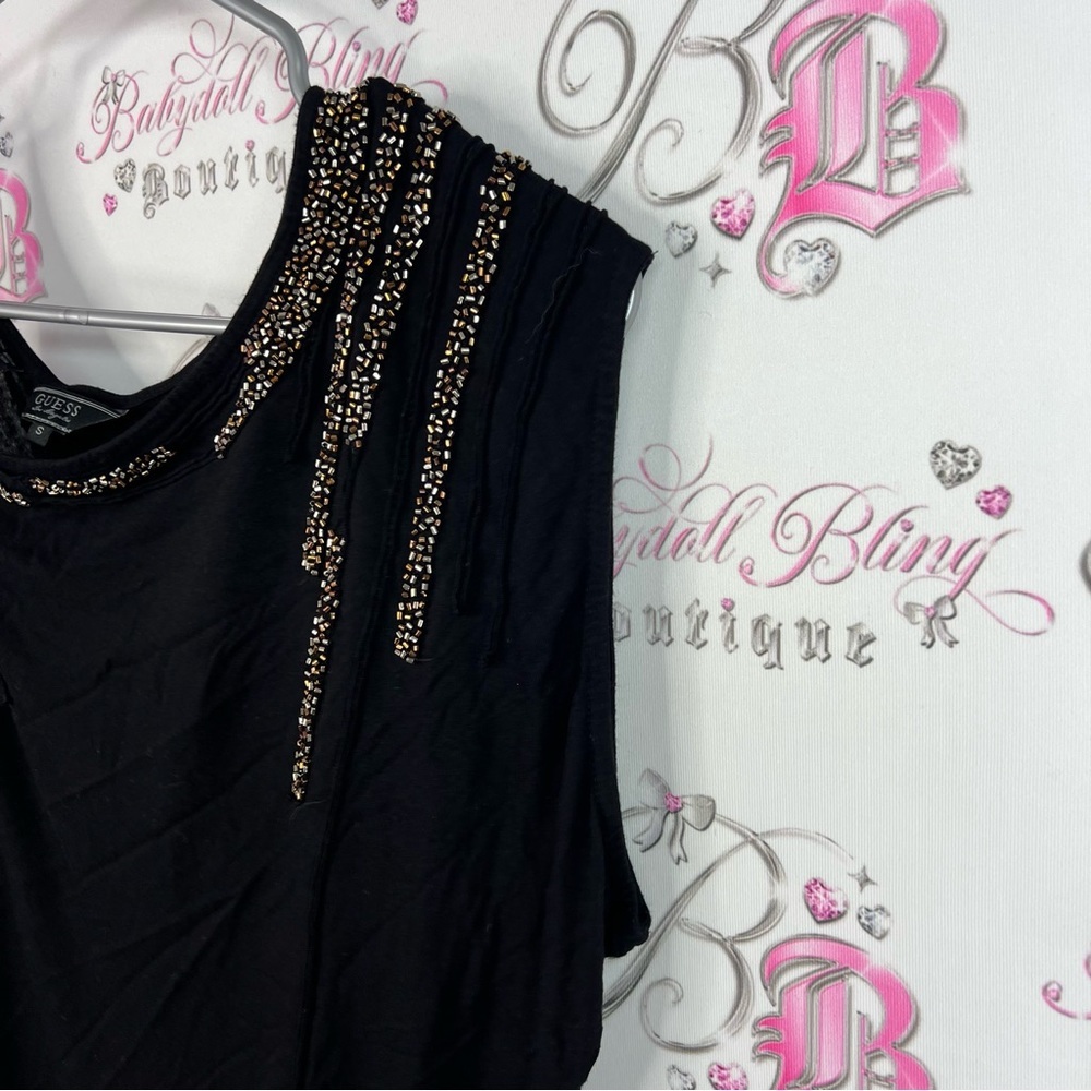 Guess tank top beaded sparkly Black Asymmetrical Top with Silver gold Accents - Picture 3 of 9